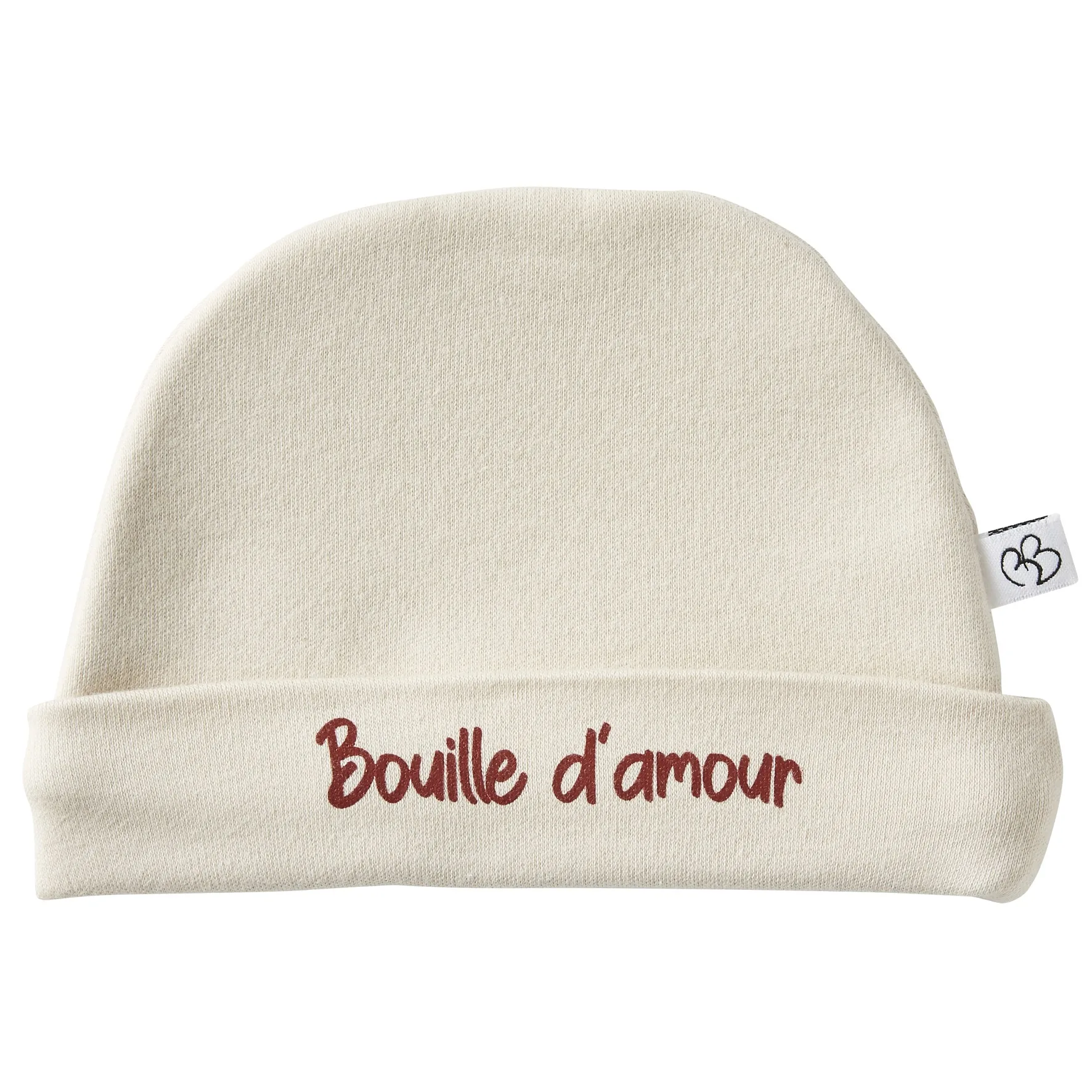 Bonnet naissance pur coton « Bouille d’amour » Sable