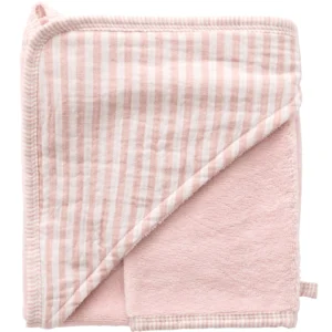 Cape de bain + gant rayé vieux rose – Soft Stripes